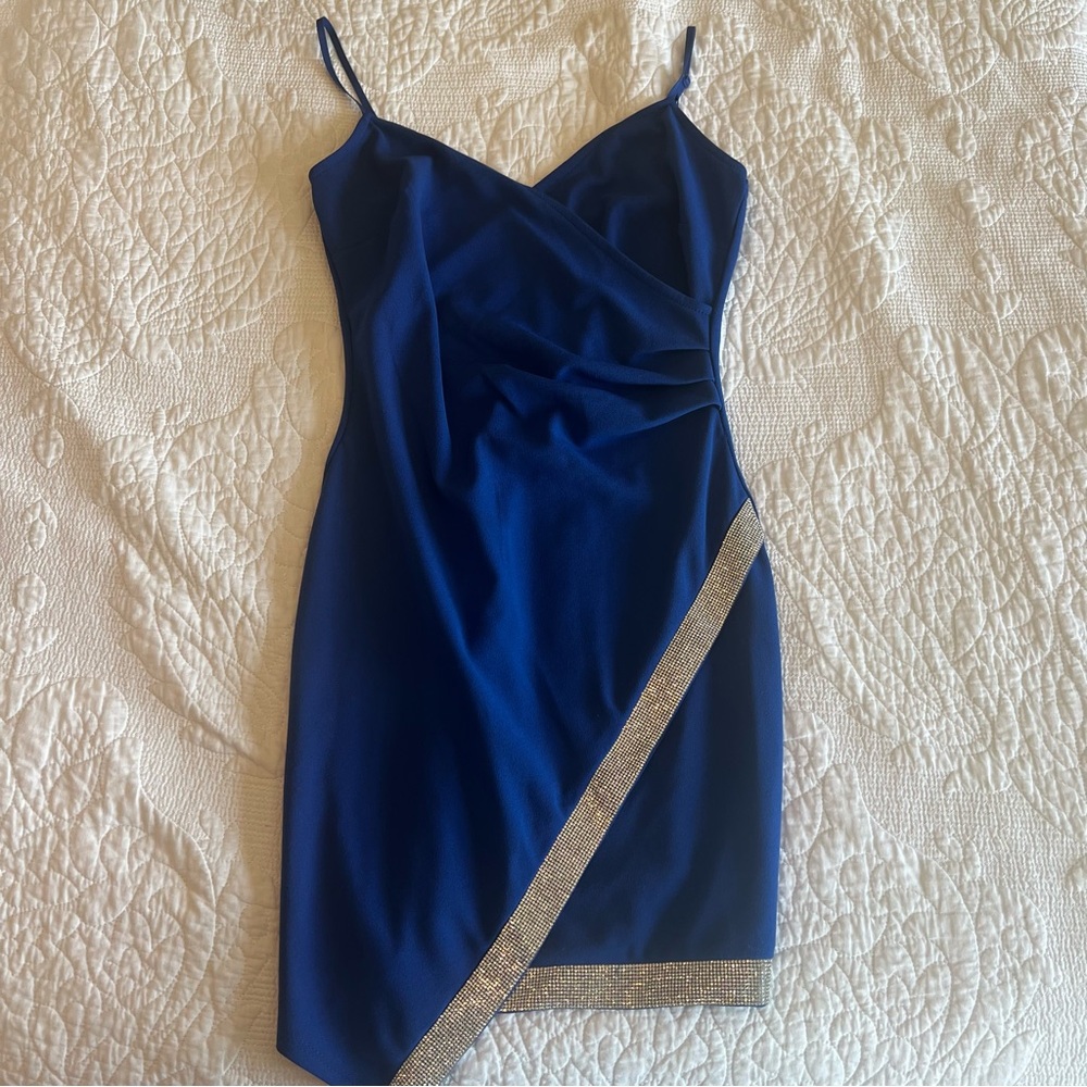 Emerald Sundae asymmetrical mini dress with crystal trim|Homecoming/formal dress